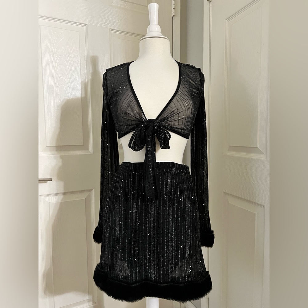 NWOT Front Tie Sequin Mesh Skirt Set